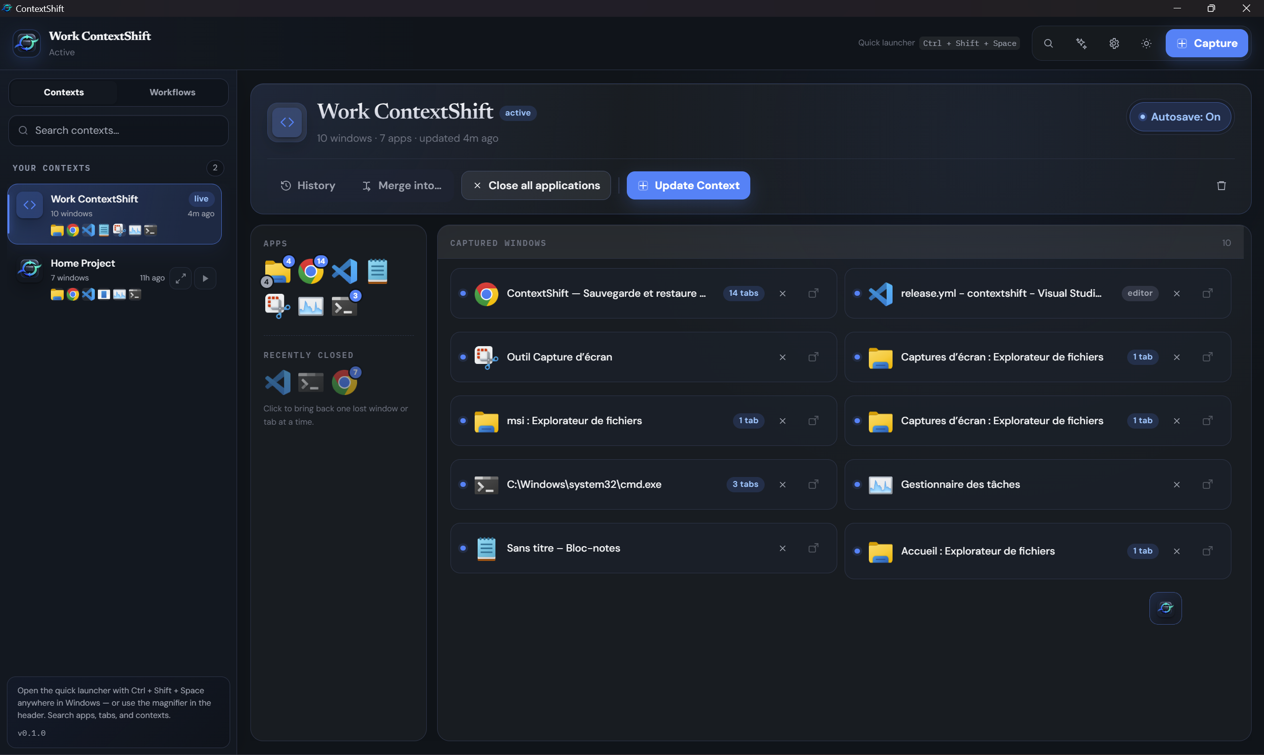 ContextShift — save and restore your Windows desktop contexts