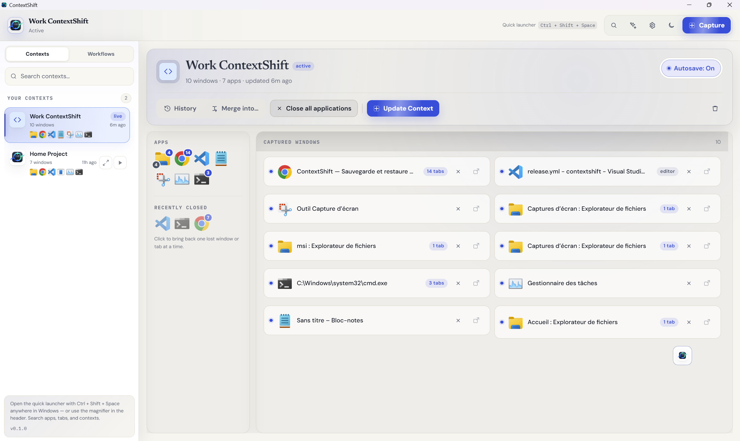 ContextShift — save and restore your Windows desktop contexts