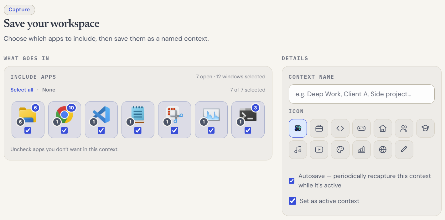 The new Capture interface focused on app selection and context details