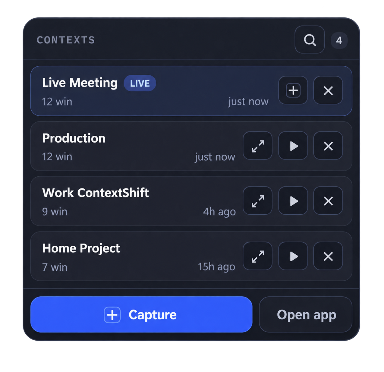 The overlay panel menu with saved contexts ready to restore