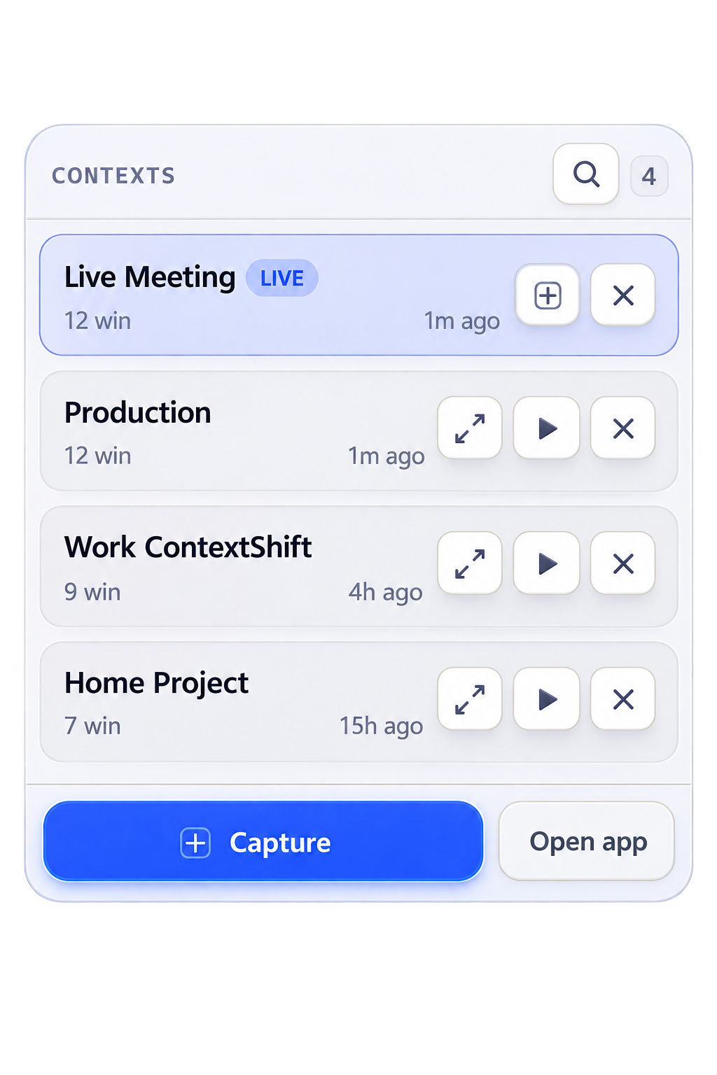 The overlay panel menu with saved contexts ready to restore