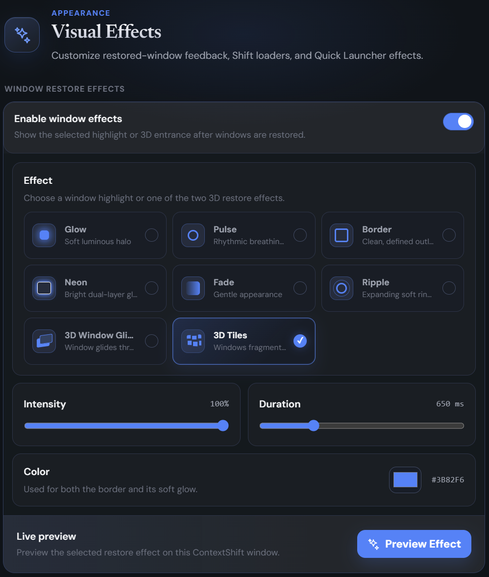 Pick a restore effect — glow, pulse, 3D tiles, and more.