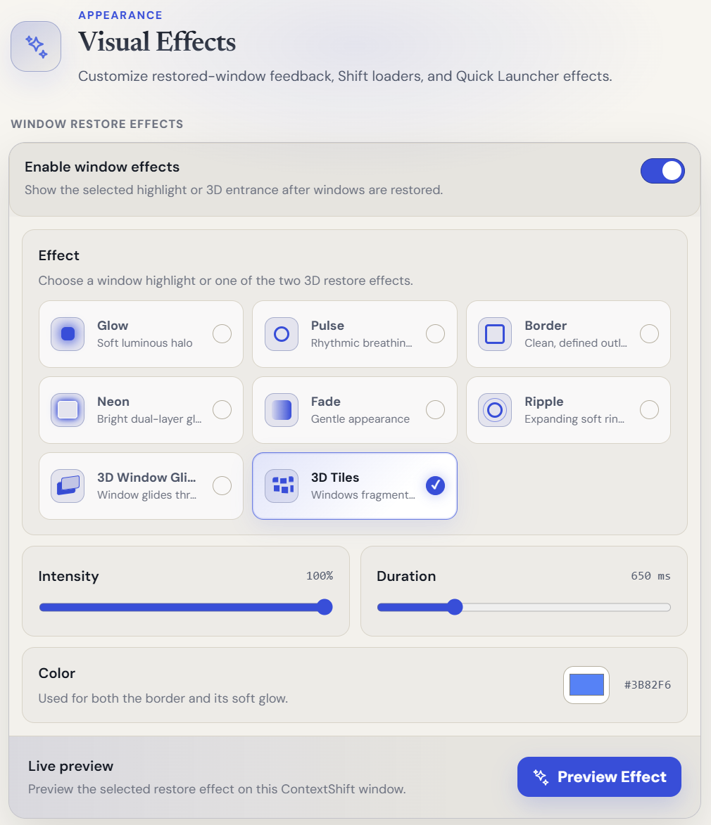 Pick a restore effect — glow, pulse, 3D tiles, and more.