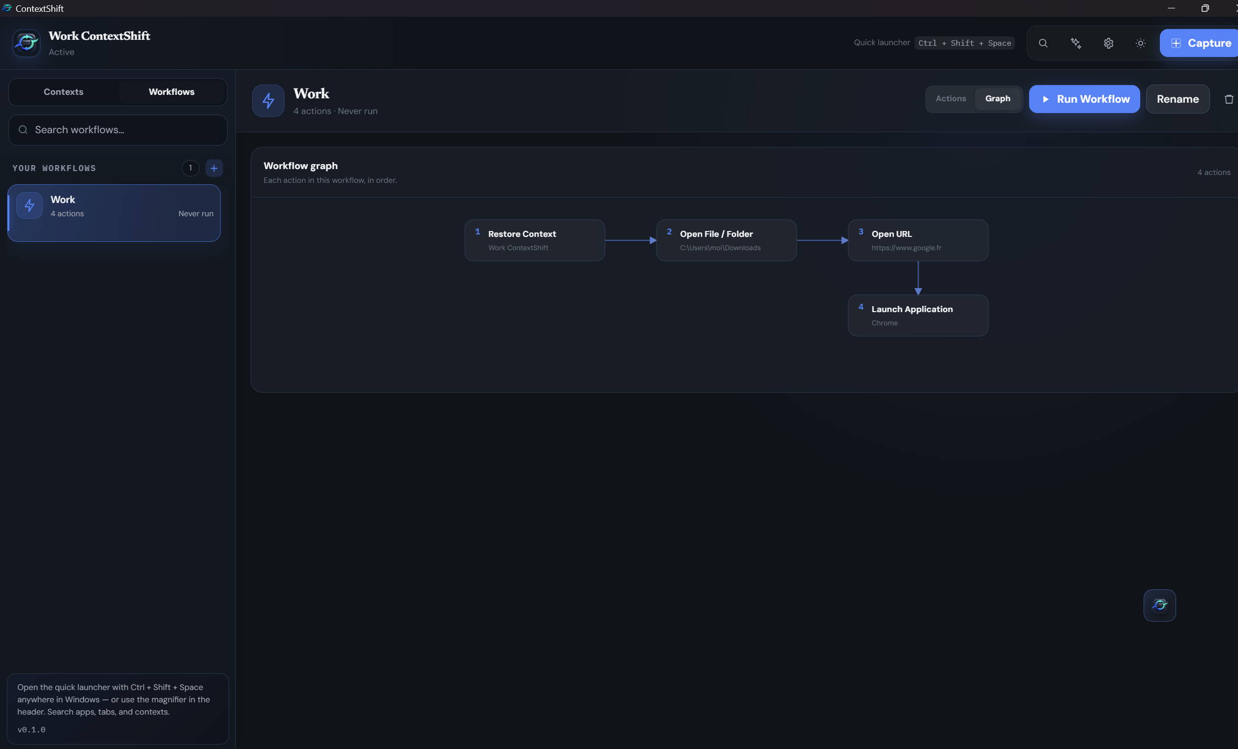 A workflow's actions laid out as a flowchart, in run order