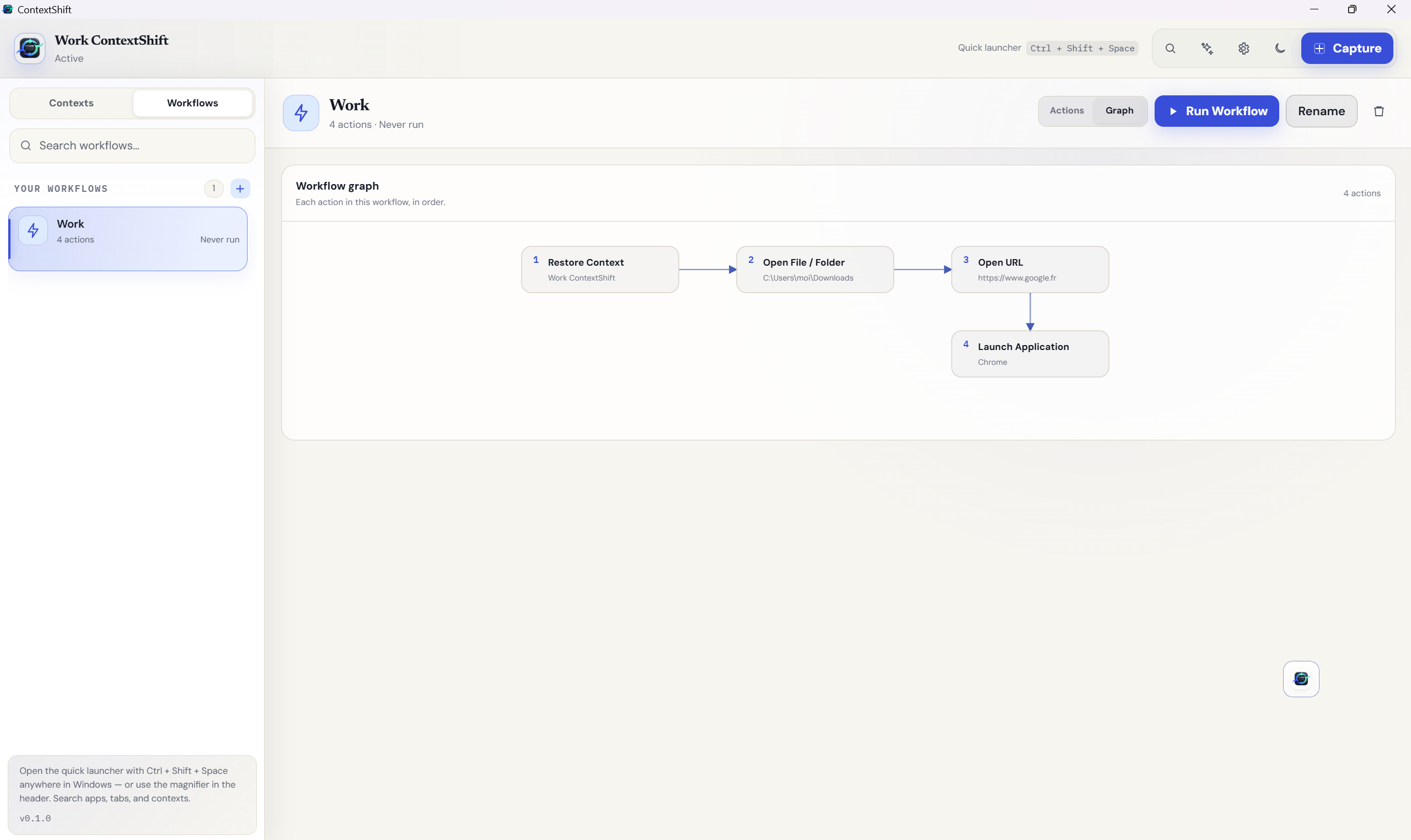 A workflow's actions laid out as a flowchart, in run order